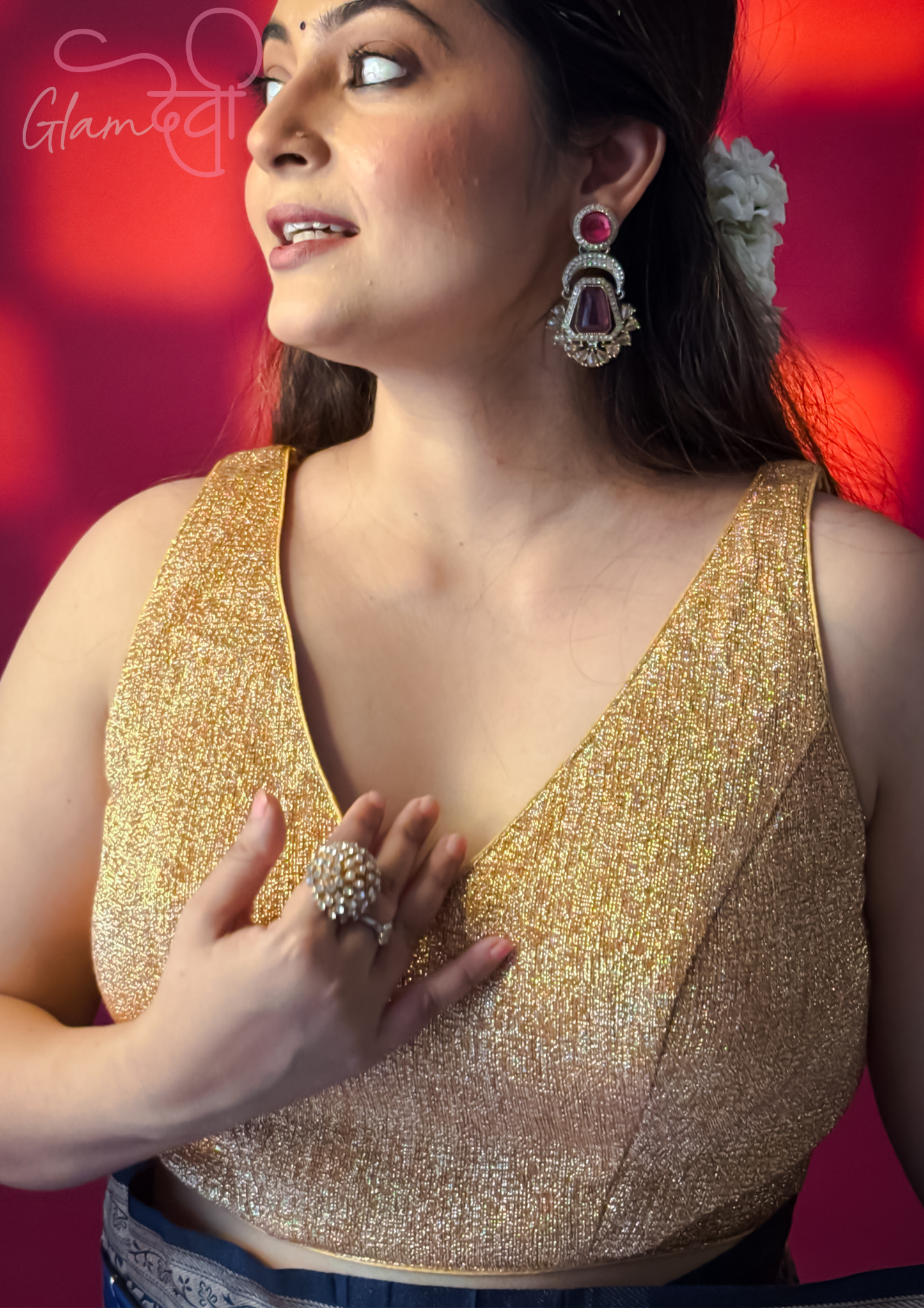 Gold Sleeveless Silk Blouse for Women – Deep V-Neck Back Tie Design | Glam Devi