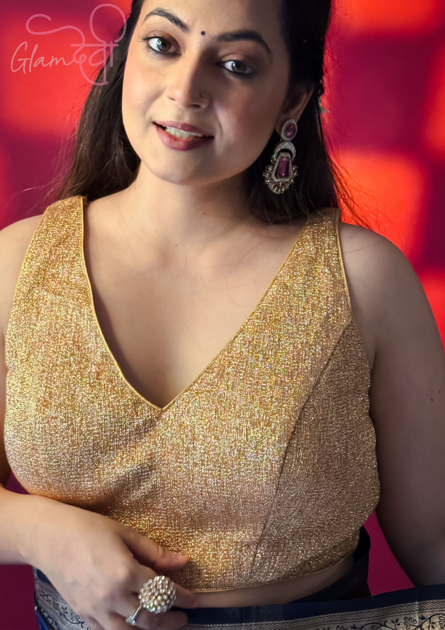 Gold Sleeveless Silk Blouse for Women – Deep V-Neck Back Tie Design | Glam Devi