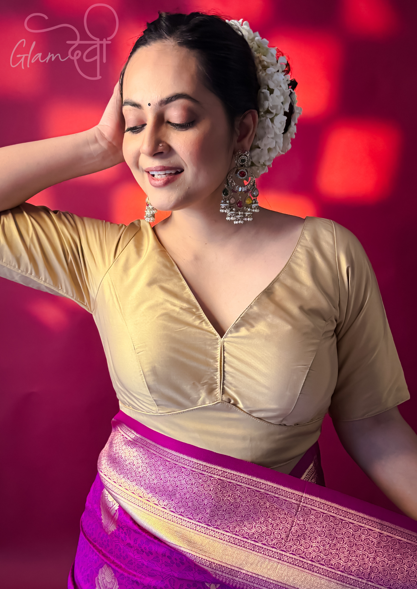 Golden Beige Silk Half Sleeve Blouse for Women – V-Neck with Back Dori | Glam Devi