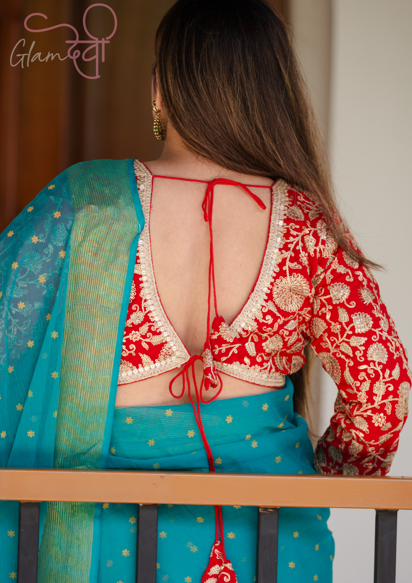 Red 3/4 Sleeve Embroidered Blouse – Bold and Elegant Ethnic Attire