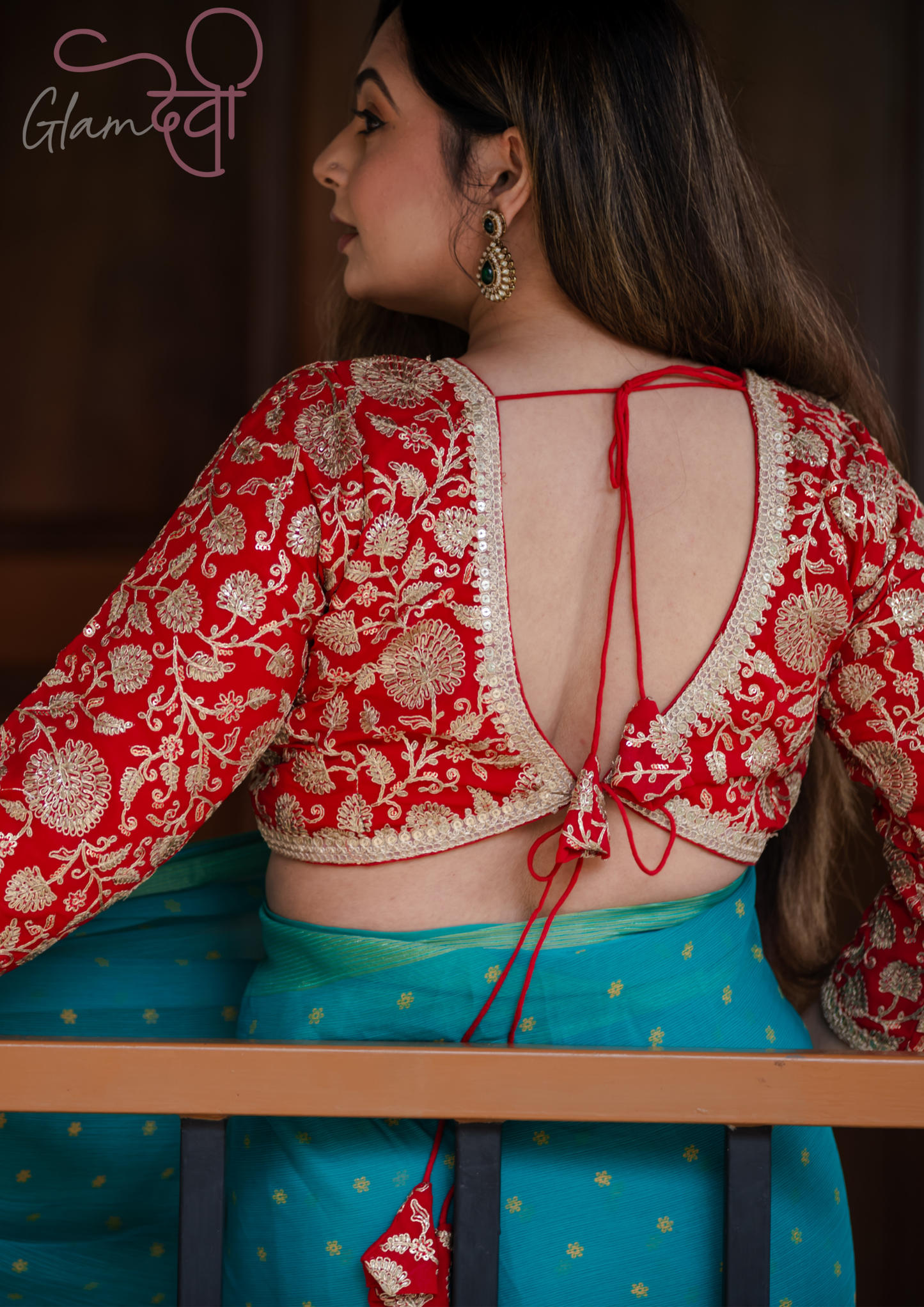 Red 3/4 Sleeve Embroidered Blouse – Bold and Elegant Ethnic Attire