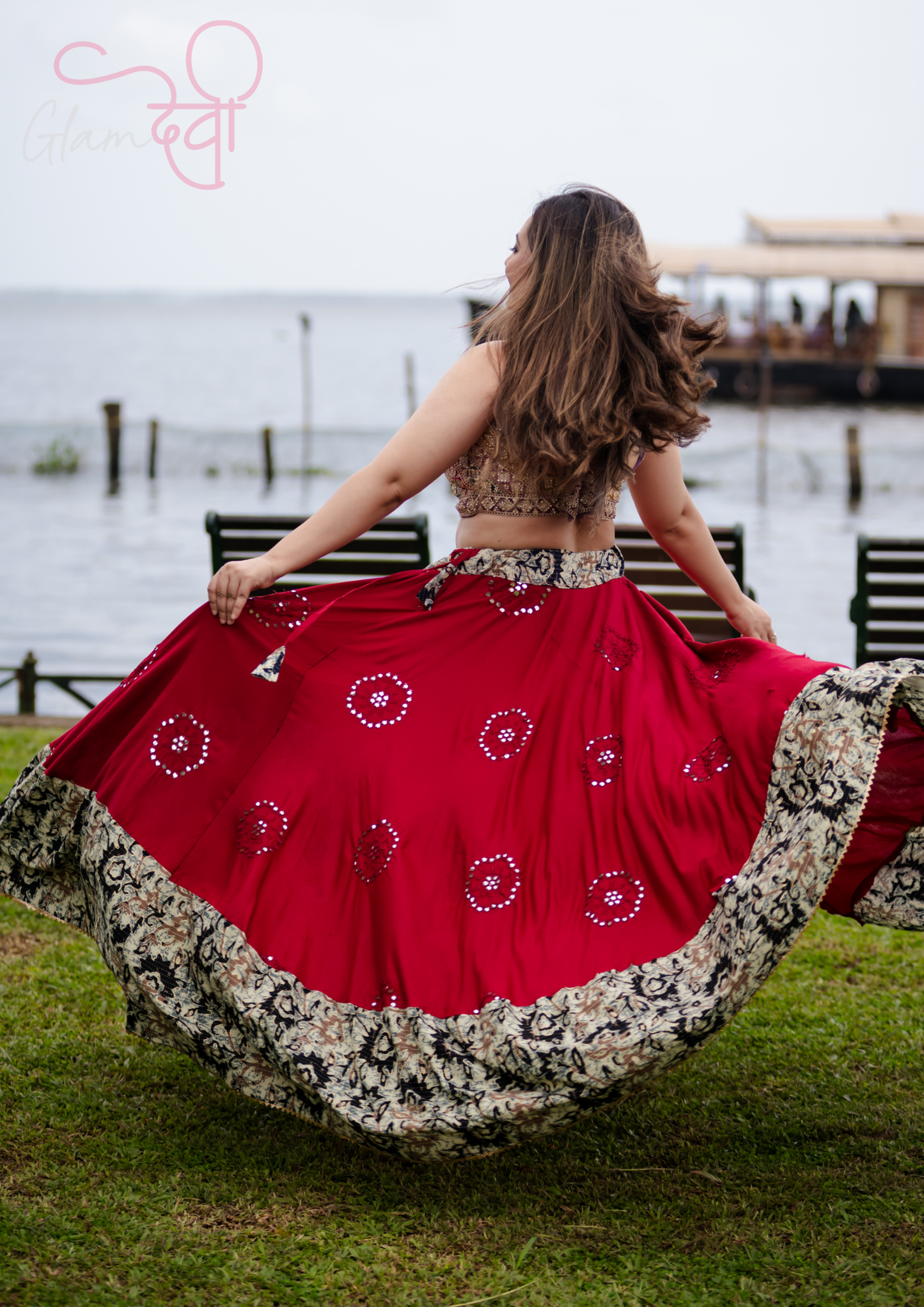 Elegant Red Mirror Work Flared Lehenga Skirt with Black Floral Border