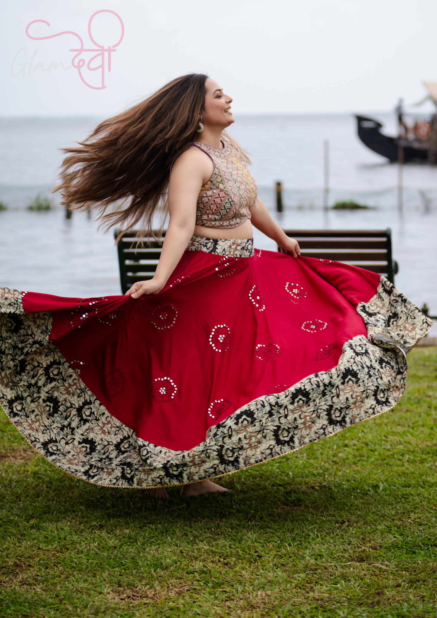 Elegant Red Mirror Work Flared Lehenga Skirt with Black Floral Border
