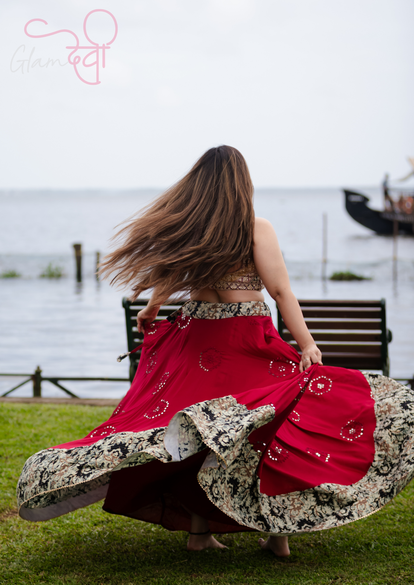 Elegant Red Mirror Work Flared Lehenga Skirt with Black Floral Border