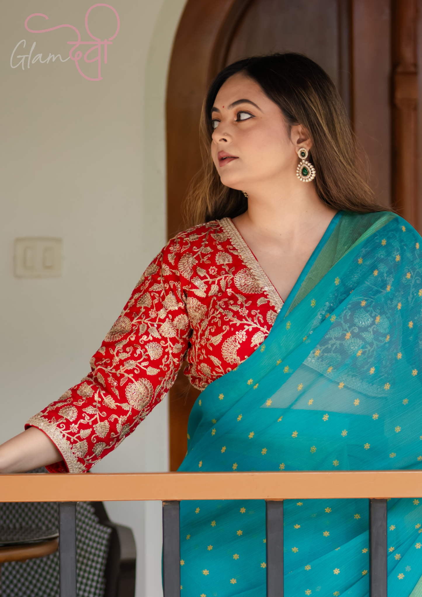Red 3/4 Sleeve Embroidered Blouse – Bold and Elegant Ethnic Attire