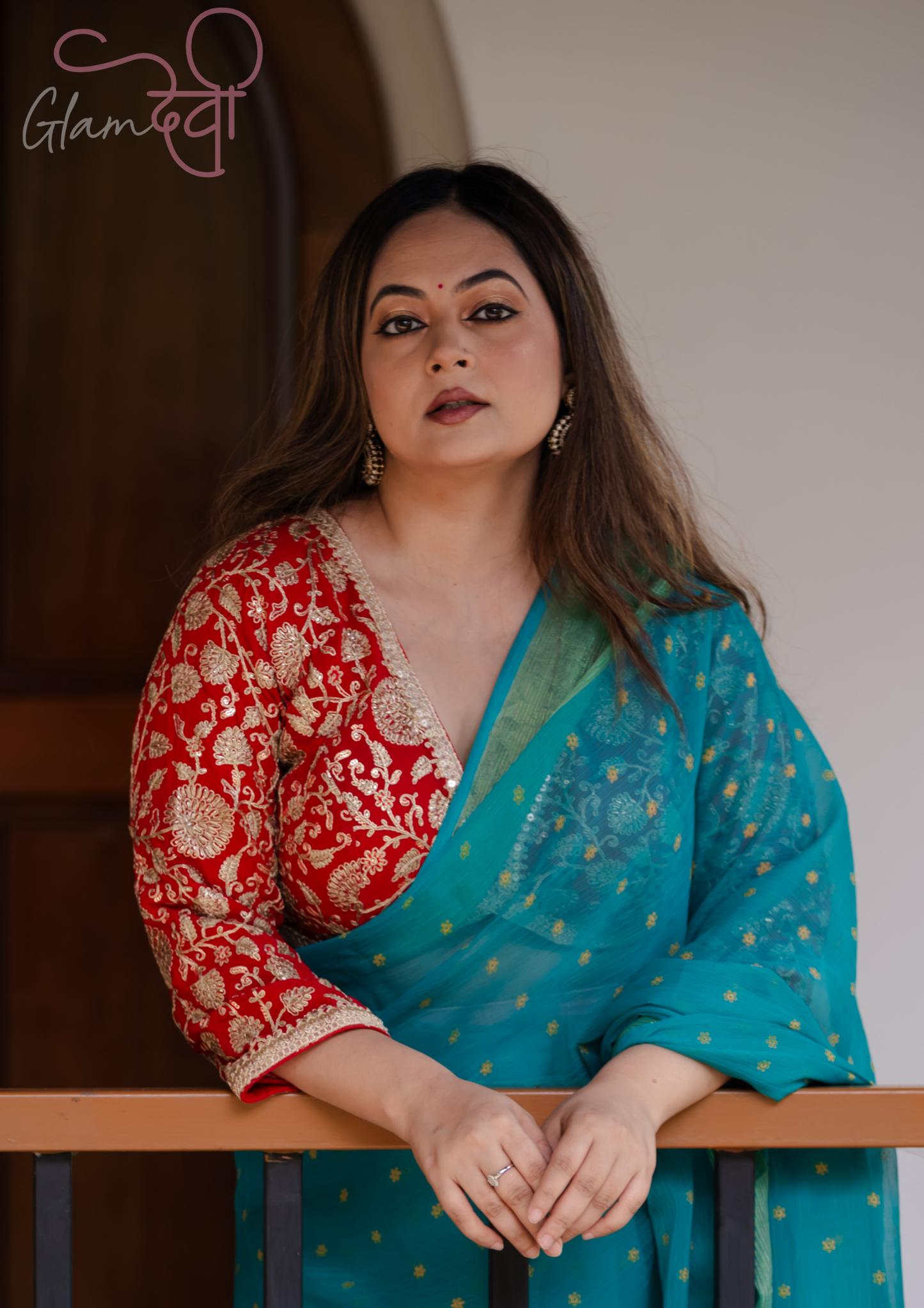 Red 3/4 Sleeve Embroidered Blouse – Bold and Elegant Ethnic Attire