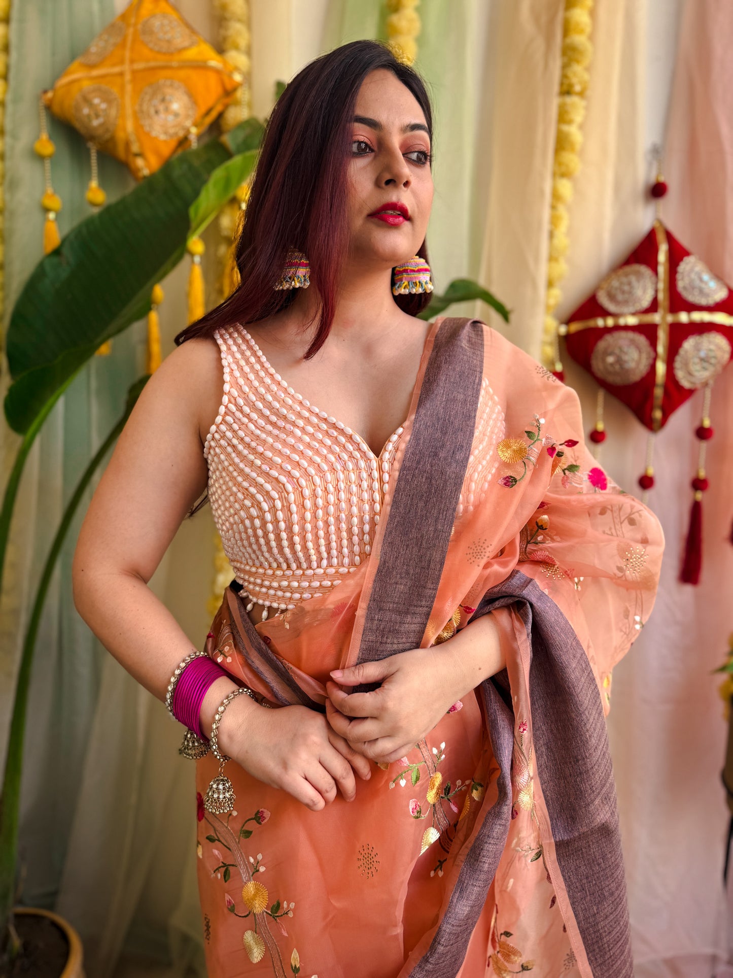 Pastel Orange Zircon Blouse – Dazzling and Elegant Party Wear