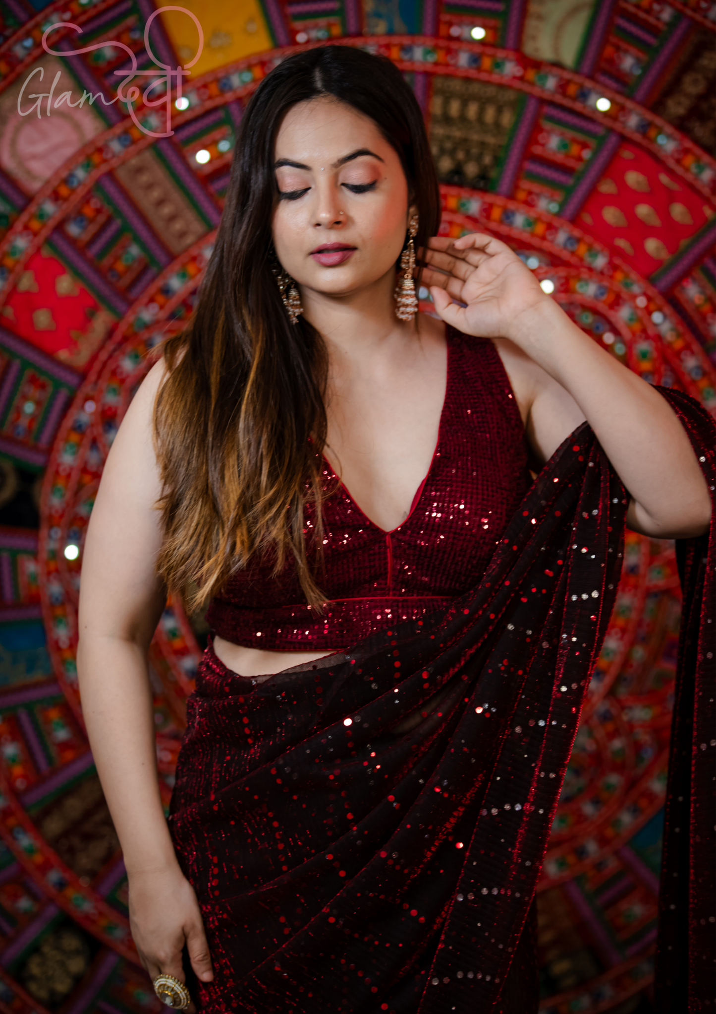 Marron Sequin Sleeveless Saree Blouse - Glam Devi