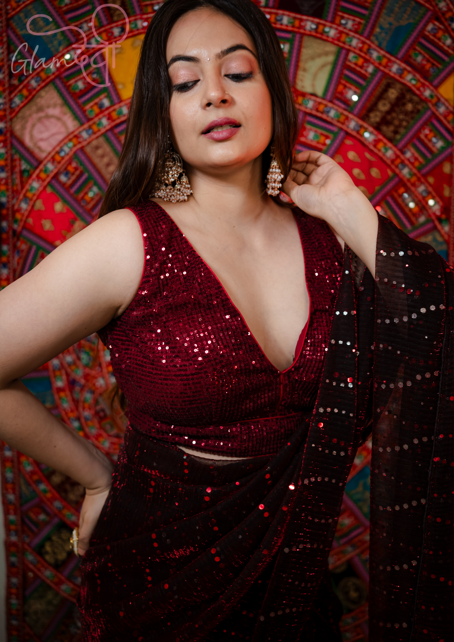 Marron Sequin Sleeveless Saree Blouse - Glam Devi