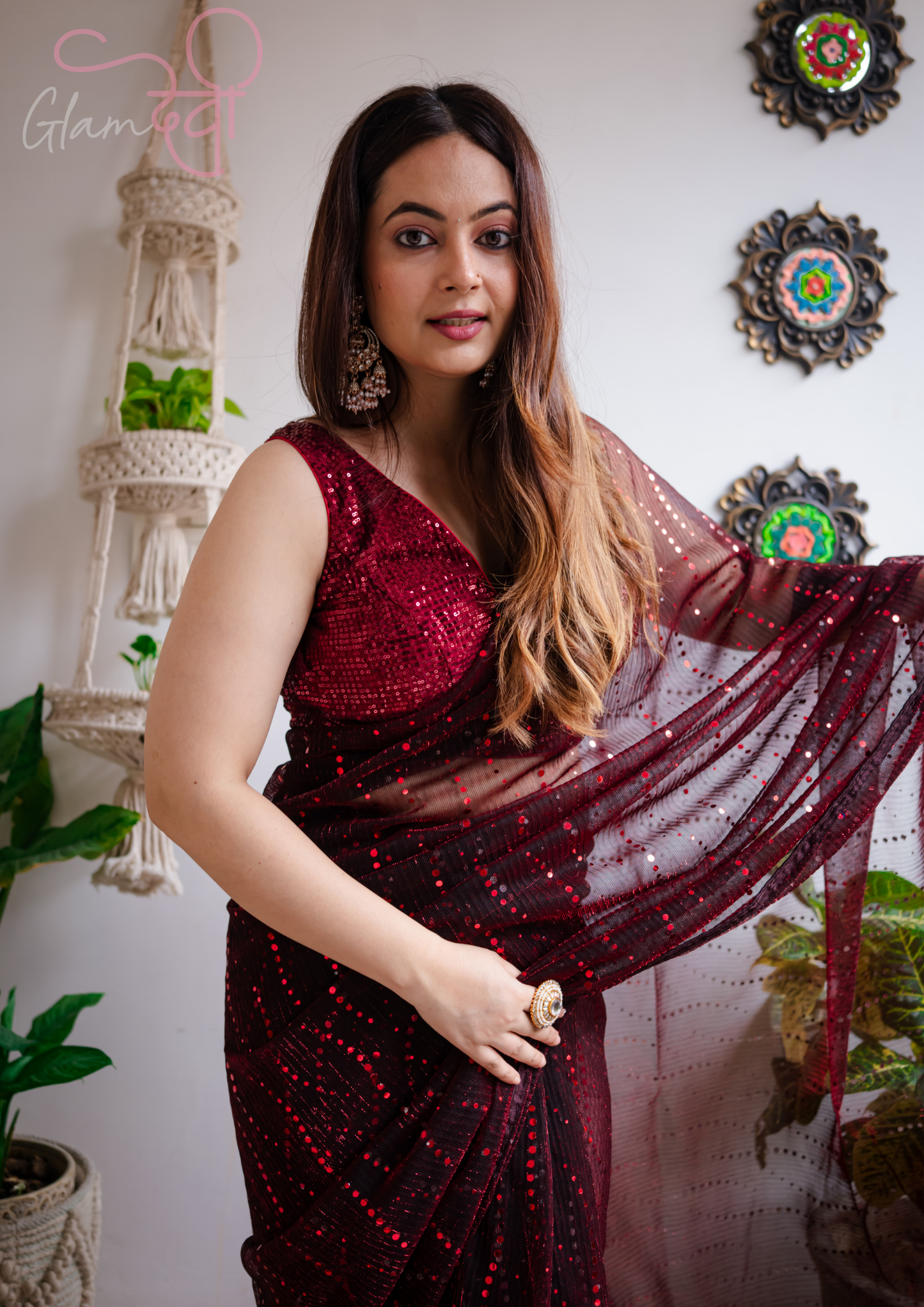 Marron Sequin Sleeveless Saree Blouse - Glam Devi