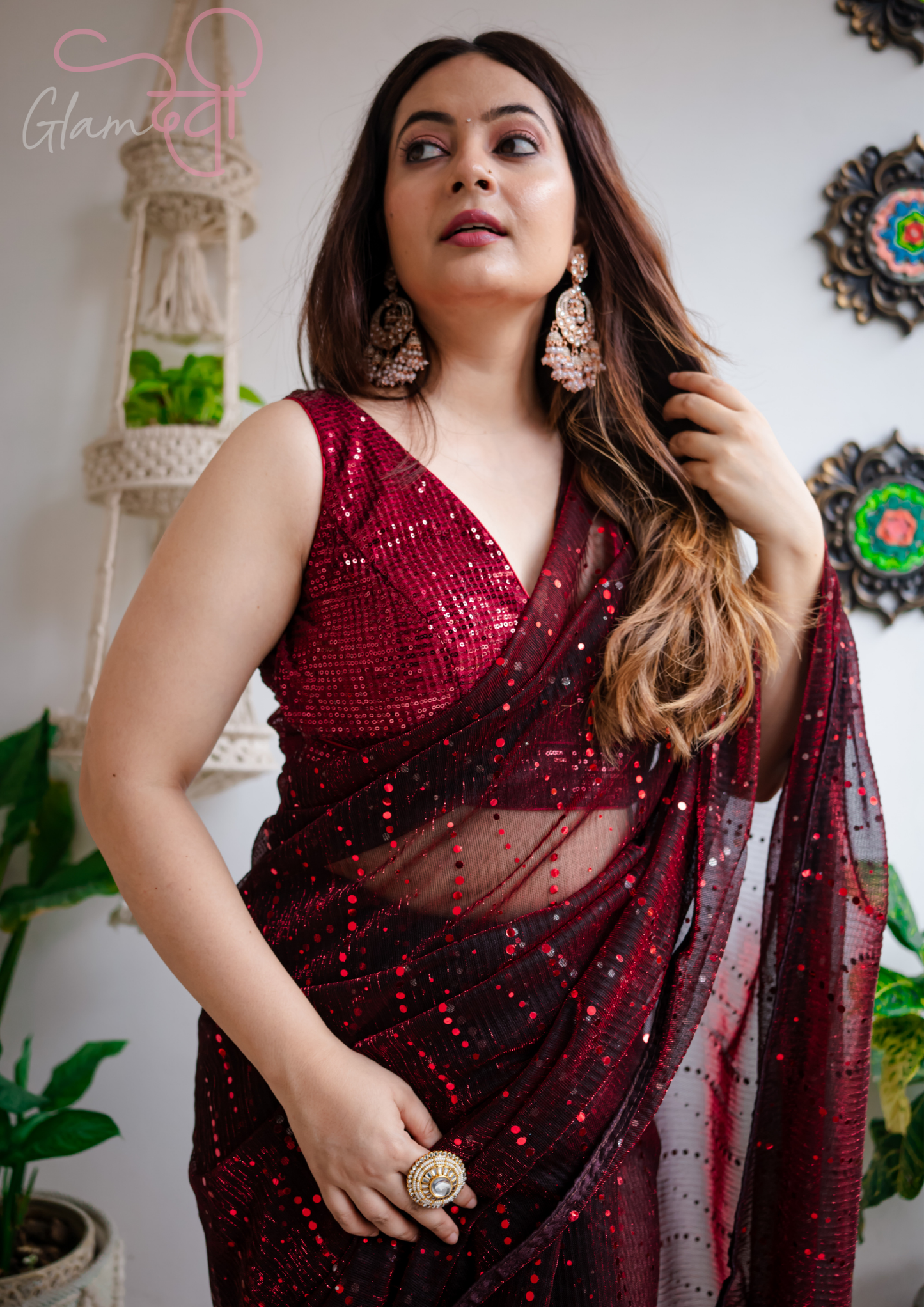 Marron Sequin Sleeveless Saree Blouse - Glam Devi