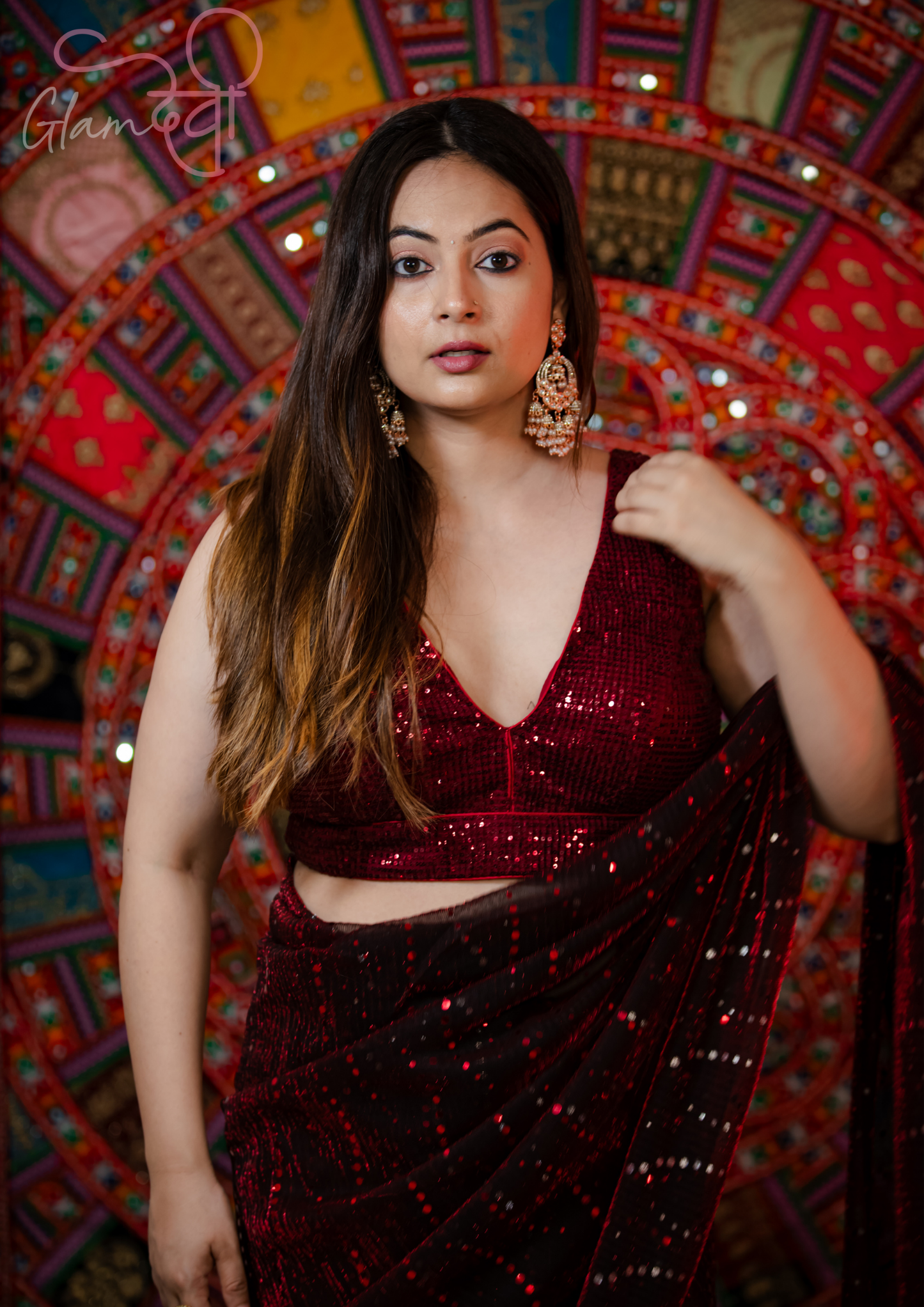 Marron Sequin Sleeveless Saree Blouse - Glam Devi
