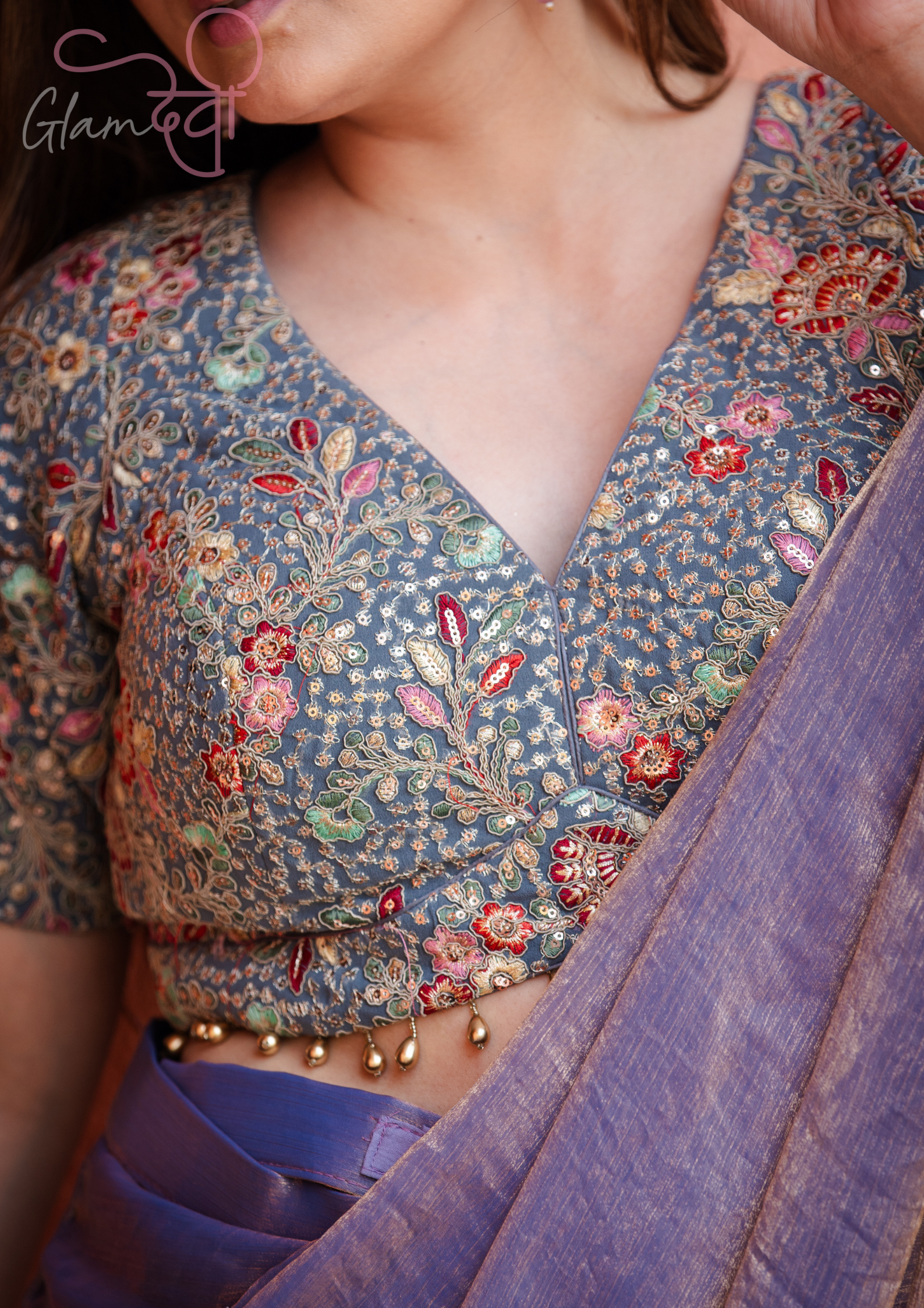 Grey Floral Embroidered V-Neck Half Sleeve Designer Blouse with Tie-Up Back & Latkan Hem