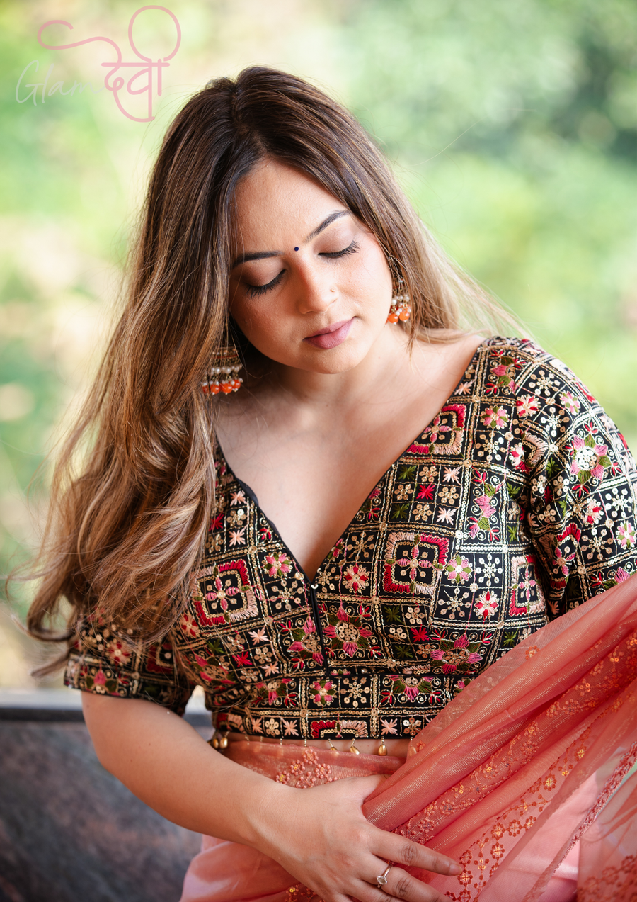 Black Multi Embroidered Silk Blouse with Half Sleeves & V Neck | Glam Devi