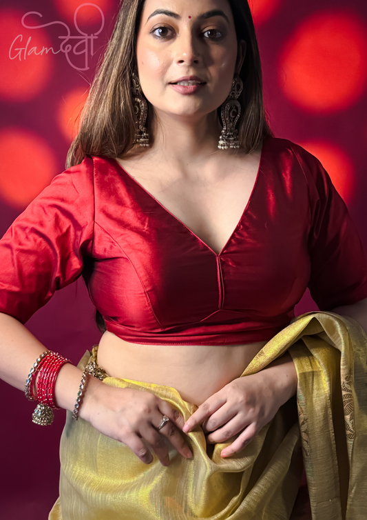 Maroon Half Sleeve Silk Blouse for Women – Deep V-Neck & Back Tie | Glam Devi