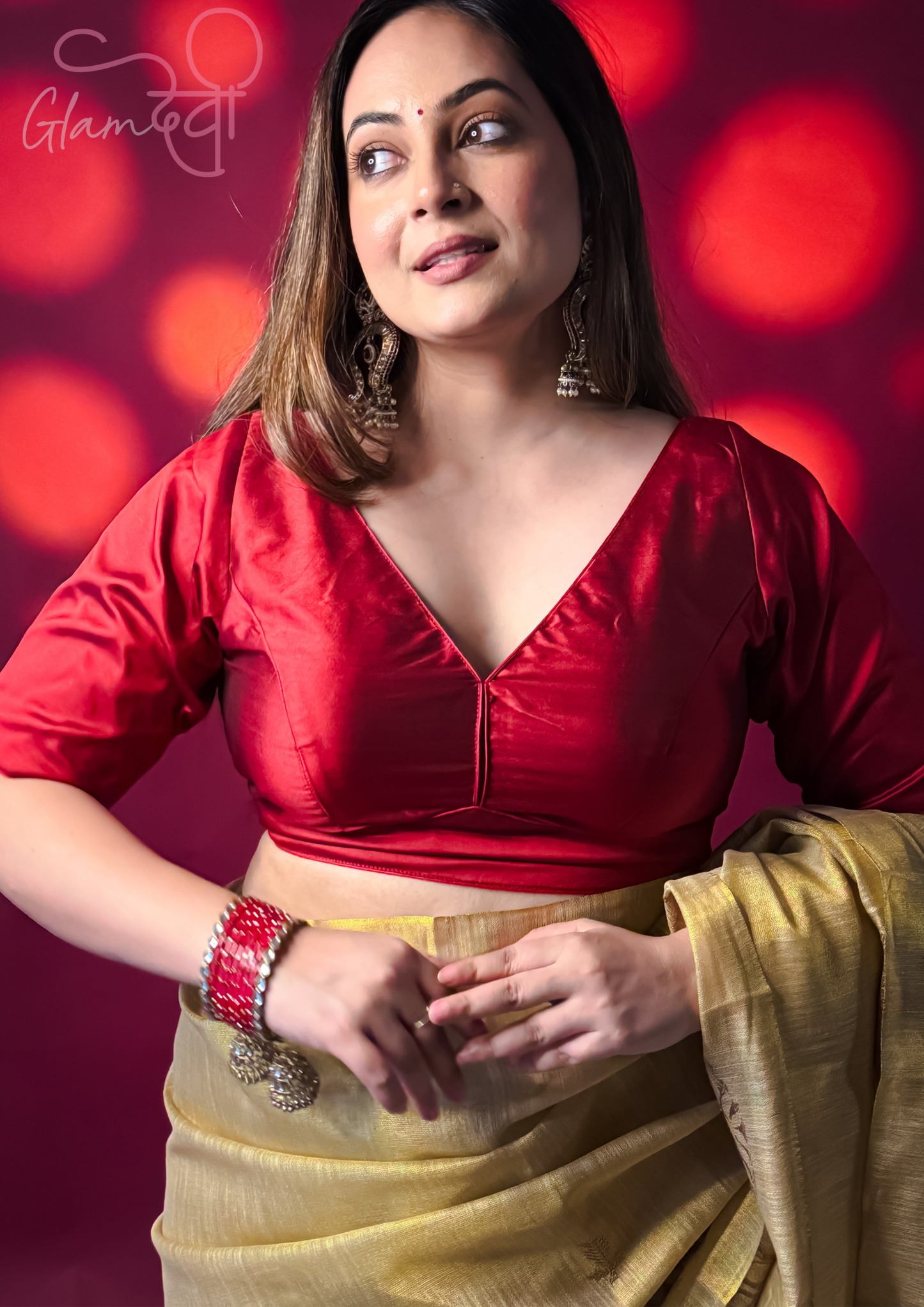 Maroon Half Sleeve Silk Blouse for Women – Deep V-Neck & Back Tie | Glam Devi