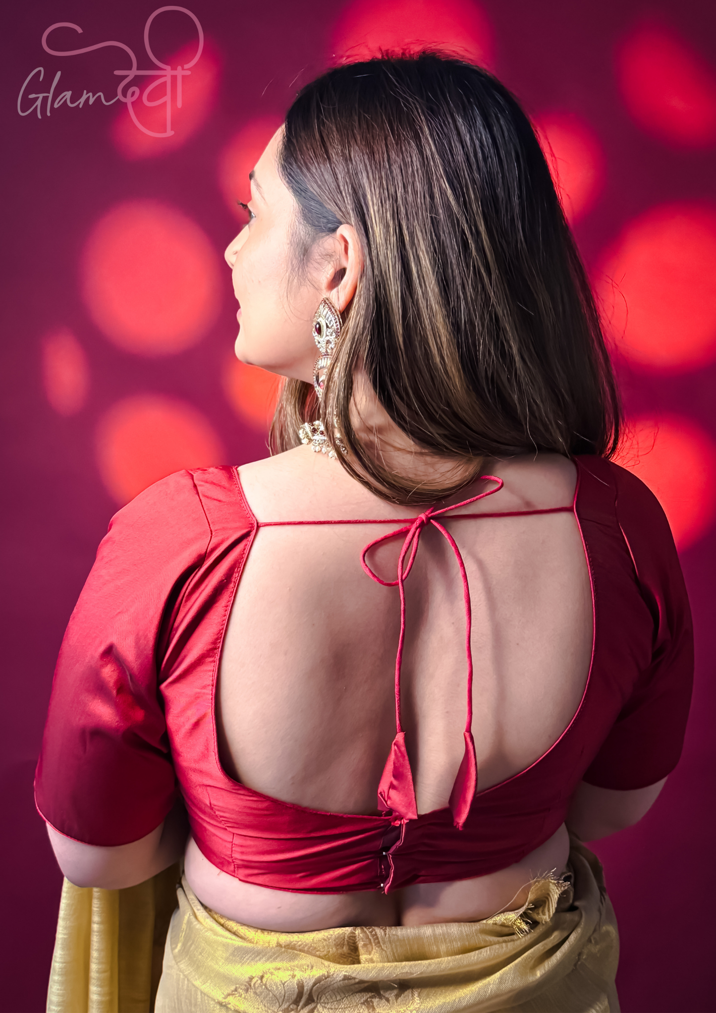 Maroon Half Sleeve Silk Blouse for Women – Deep V-Neck & Back Tie | Glam Devi