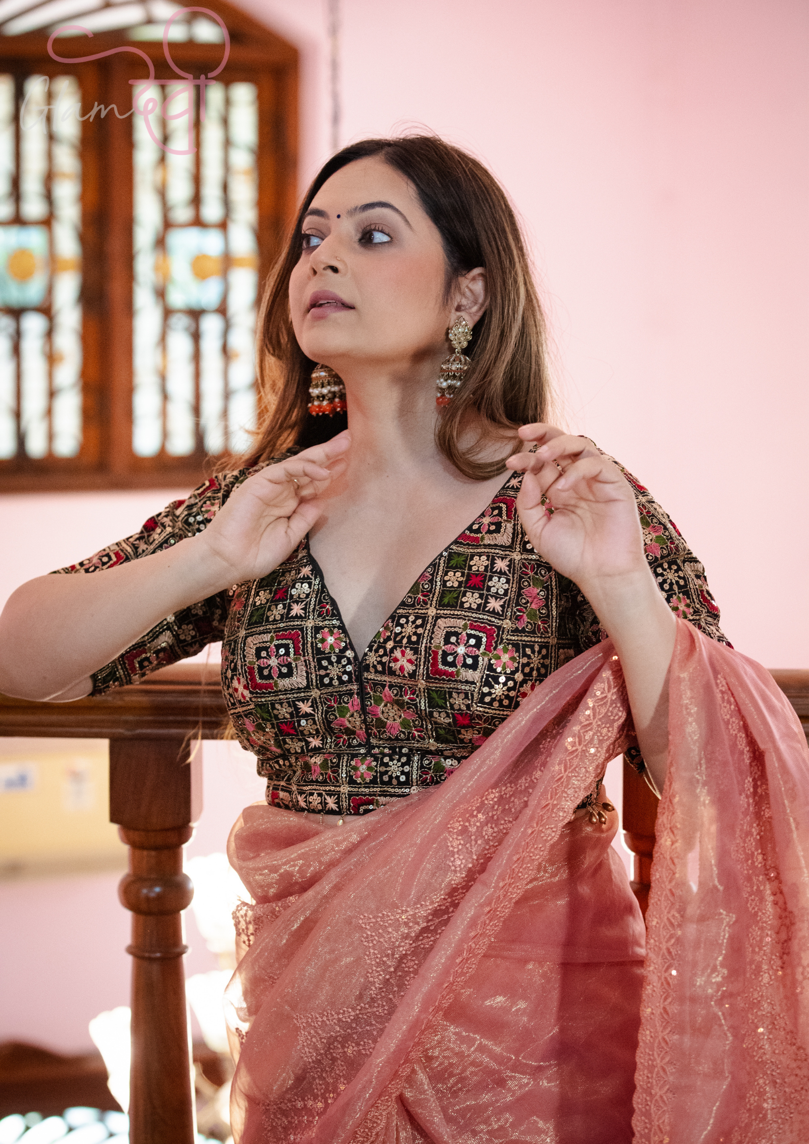Black silk blouse with multicolour embroidery and half sleeves for women – Glam Devi