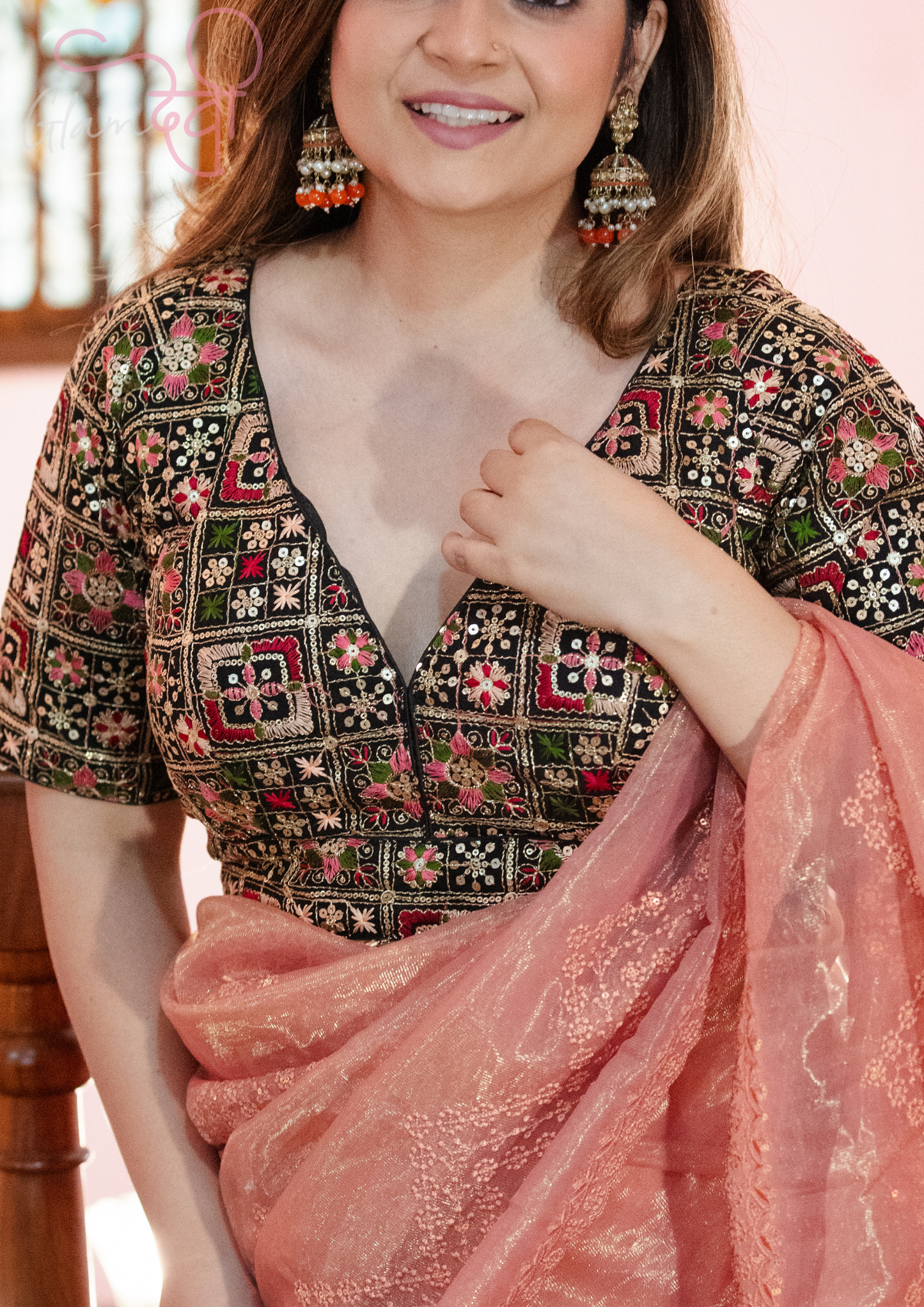 Black silk blouse with multicolour embroidery and half sleeves for women – Glam Devi