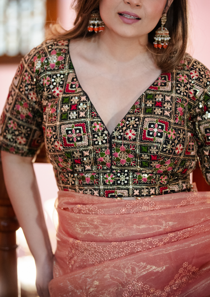 Black silk blouse with multicolour embroidery and half sleeves for women – Glam Devi