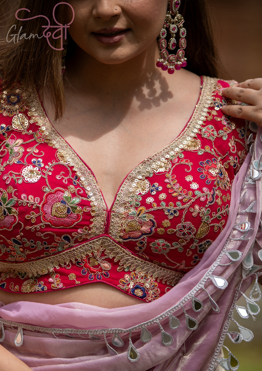 Pink Half Sleeve Embroidered Blouse for Women – Festive & Wedding Wear | Glam Devi