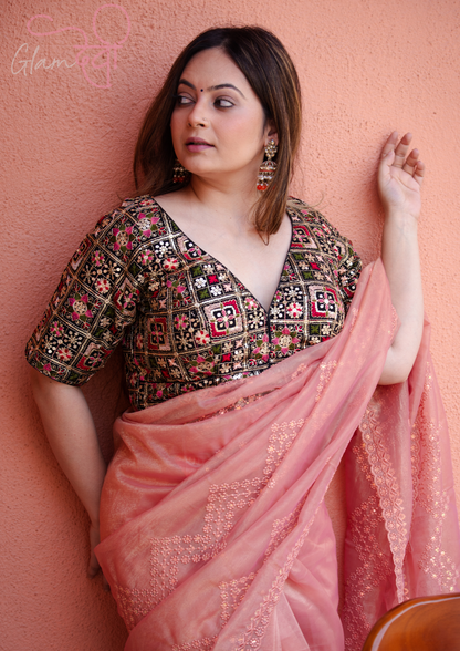 Black silk blouse with multicolour embroidery and half sleeves for women – Glam Devi
