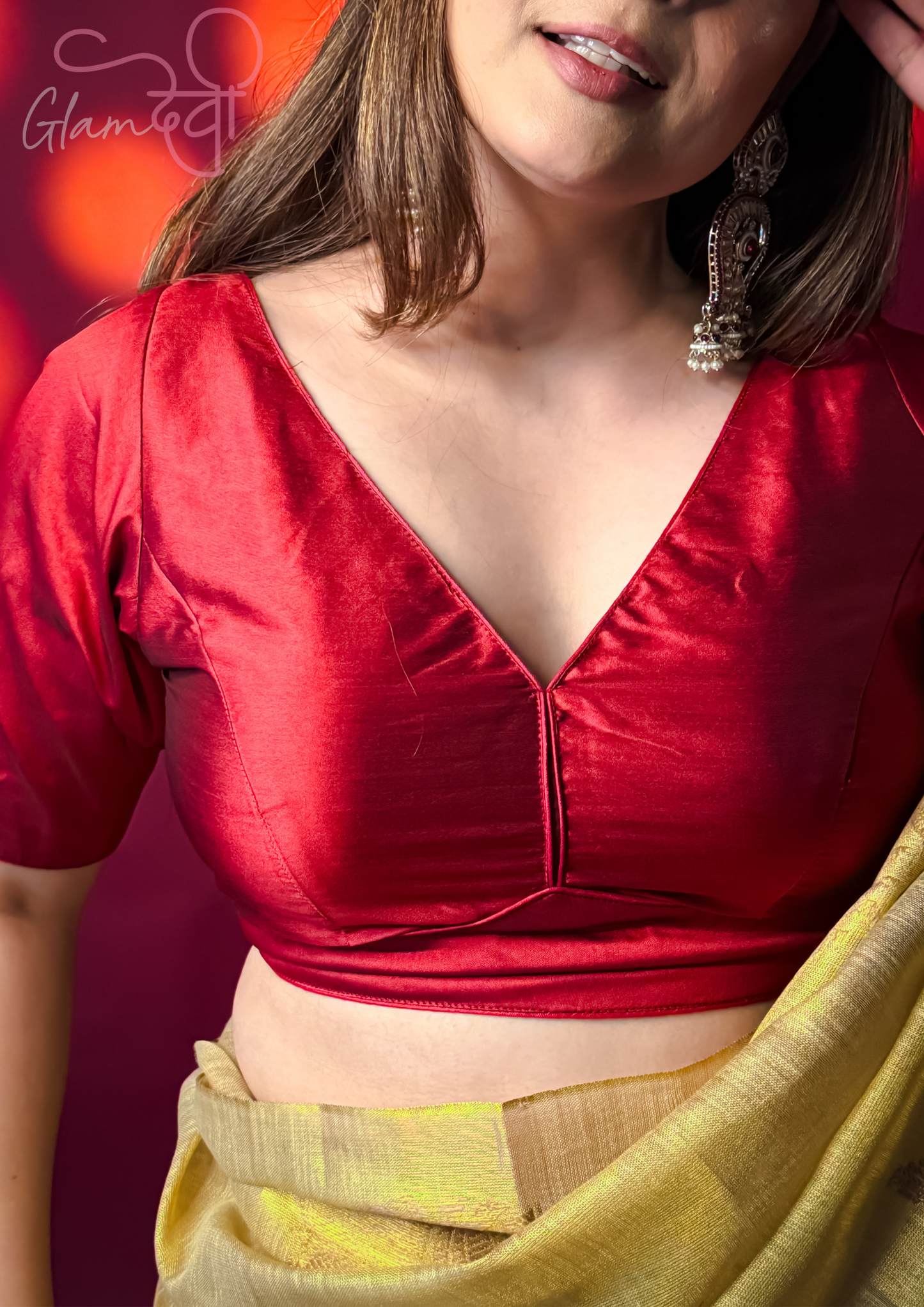 Maroon Half Sleeve Silk Blouse for Women – Deep V-Neck & Back Tie | Glam Devi