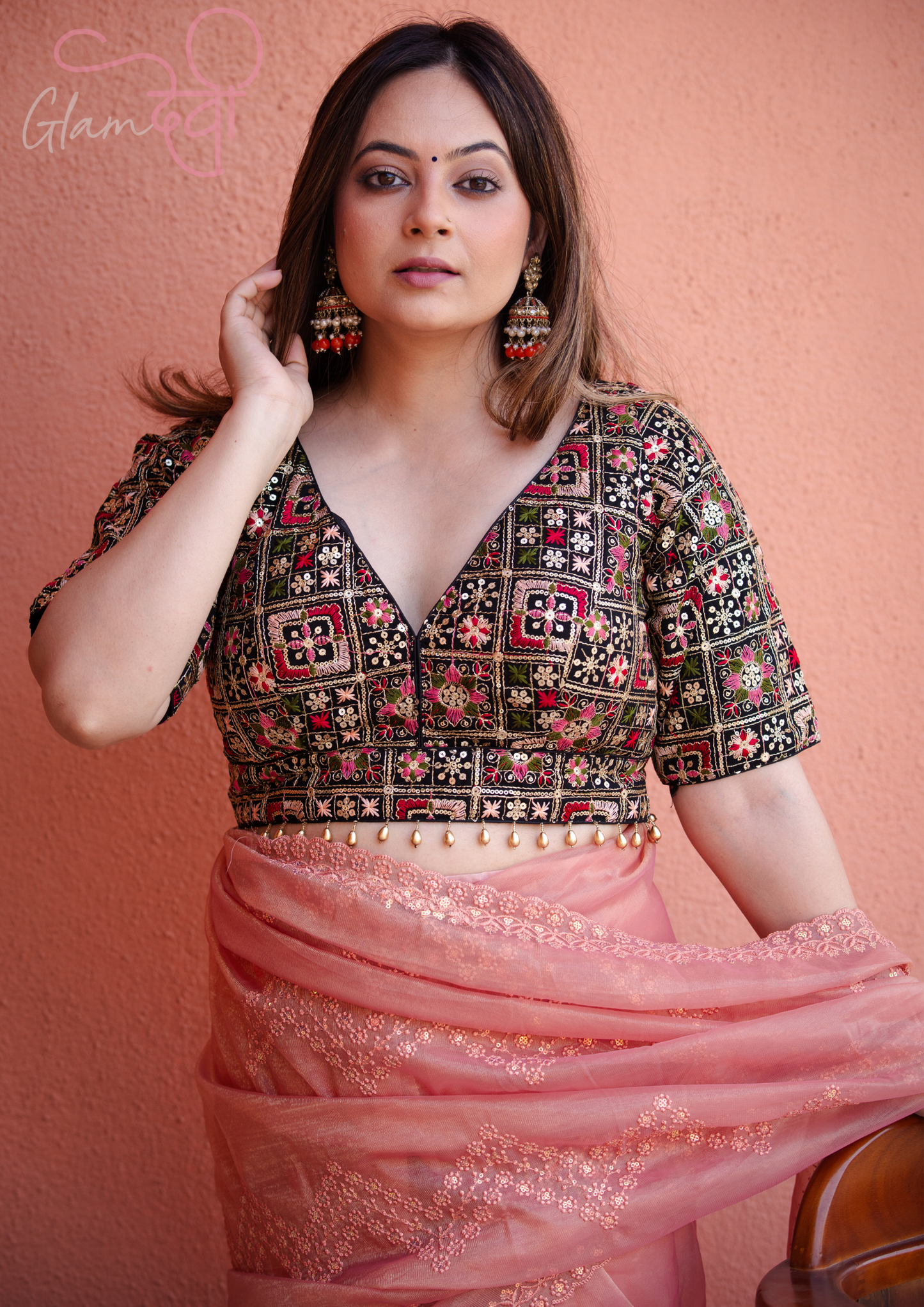 Black silk blouse with multicolour embroidery and half sleeves for women – Glam Devi