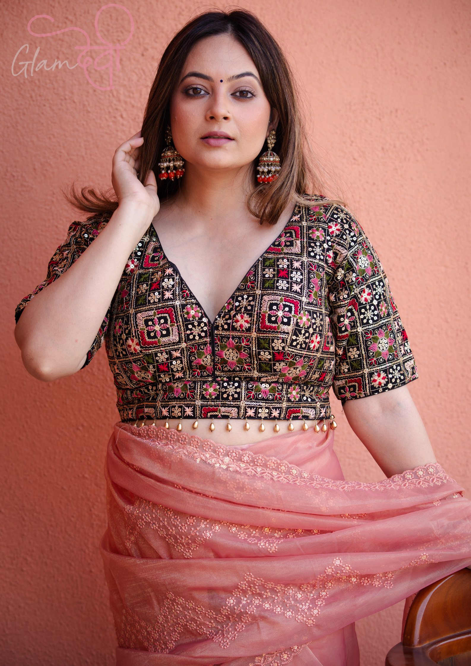 Black silk blouse with multicolour embroidery and half sleeves for women – Glam Devi