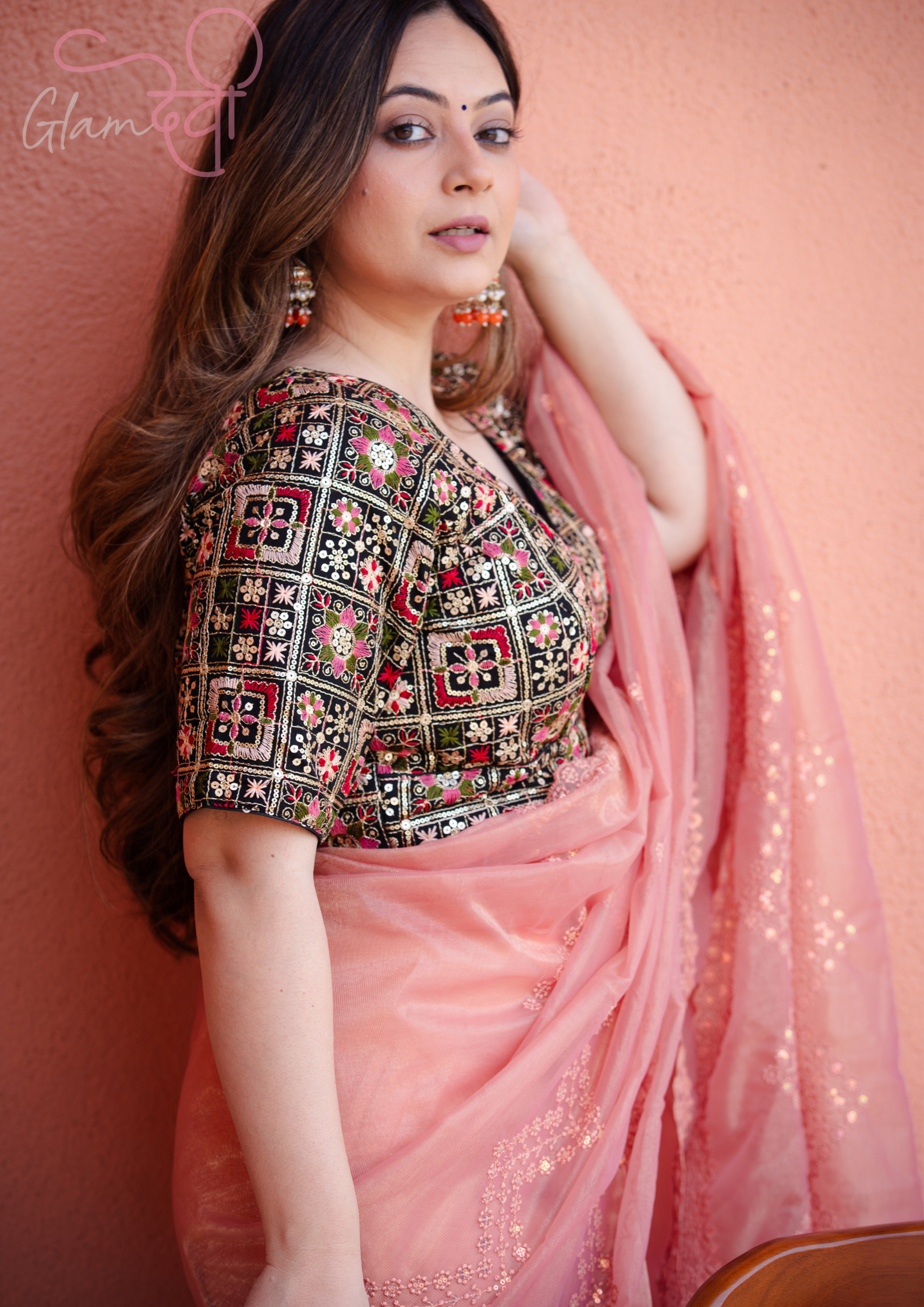 Black silk blouse with multicolour embroidery and half sleeves for women – Glam Devi