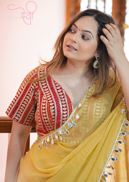 Red Gota Striped Short Sleeve V-Neck Designer Blouse Festive Wear | Glam Devi