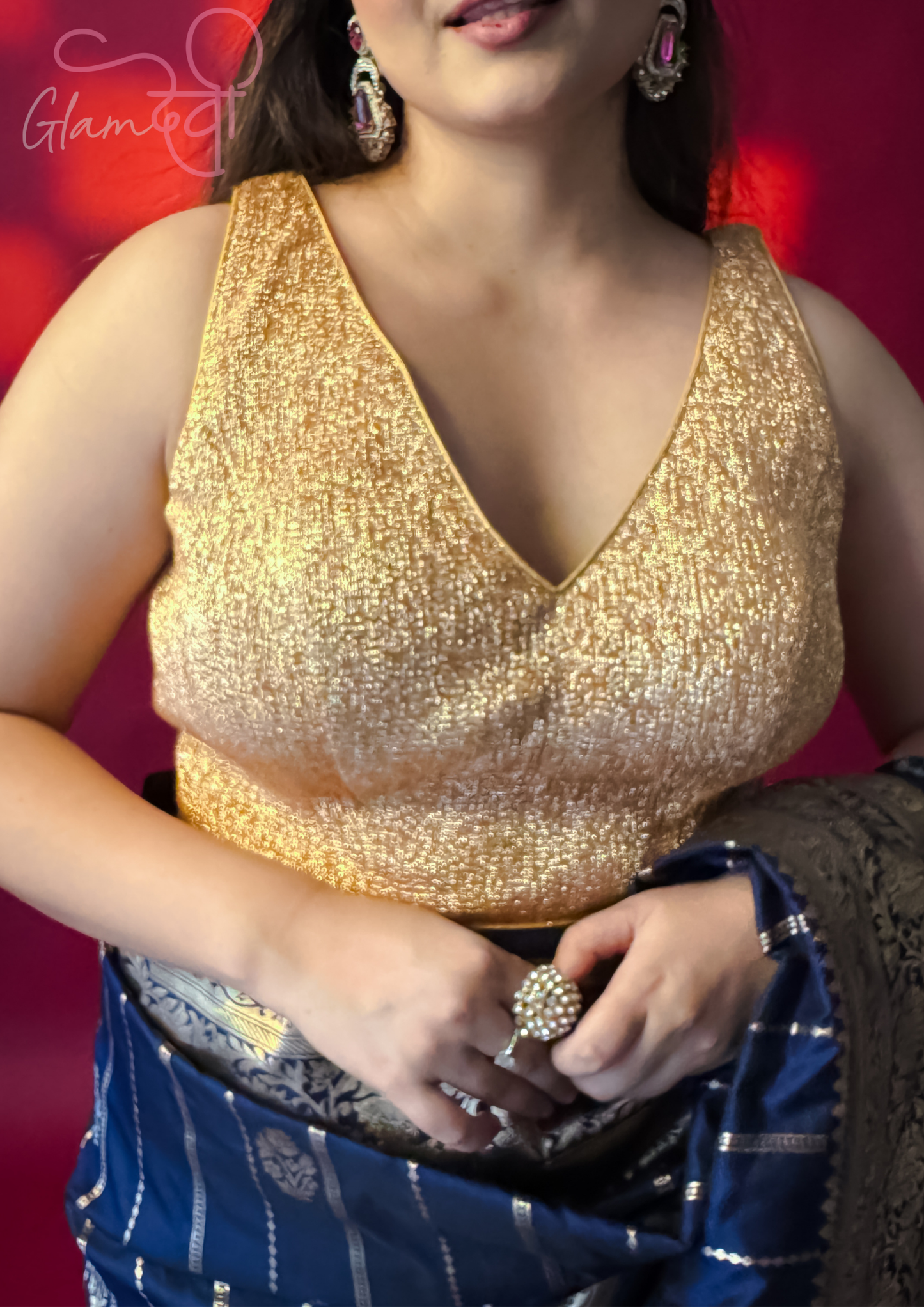 Gold Sleeveless Silk Blouse for Women – Deep V-Neck Back Tie Design | Glam Devi