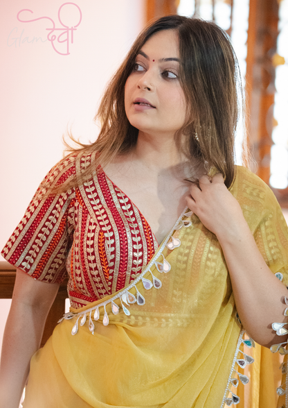 Red Gota Striped Short Sleeve V-Neck Designer Blouse Festive Wear | Glam Devi