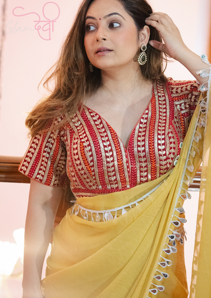 Red Gota Striped Short Sleeve V-Neck Designer Blouse Festive Wear | Glam Devi