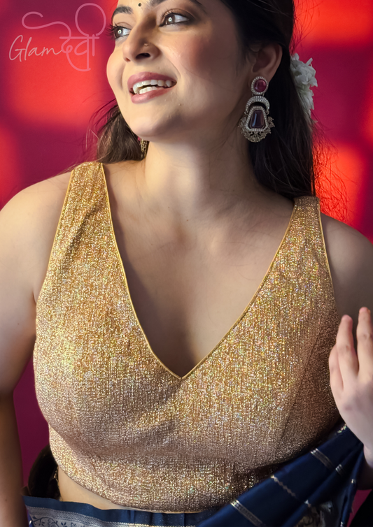 Gold Sleeveless Silk Blouse for Women – Deep V-Neck Back Tie Design | Glam Devi