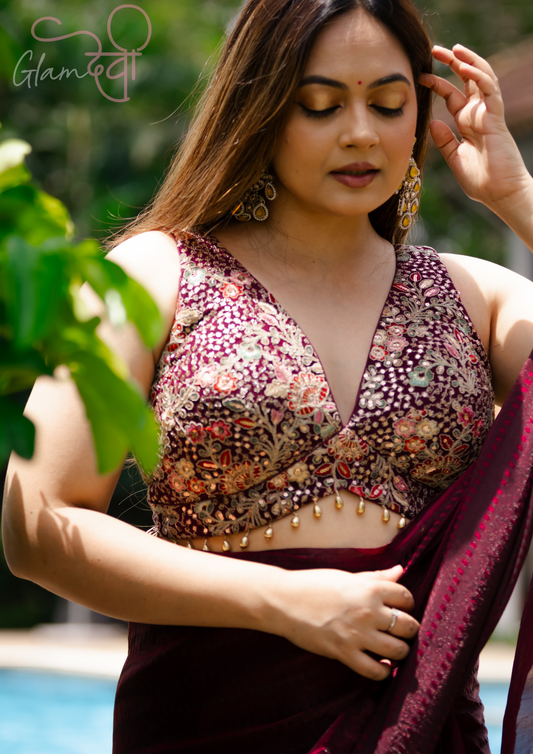 Designer Wine Blouse with Multi-Color Embroidery – Sleeveless Ethnic Wear