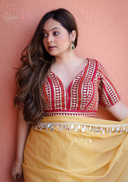 Red Gota Striped Short Sleeve V-Neck Designer Blouse Festive Wear | Glam Devi