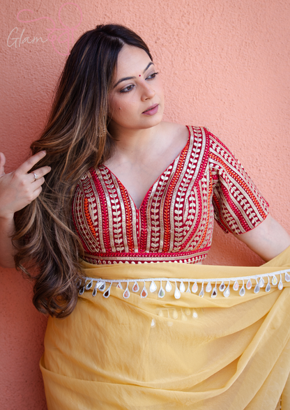 Red Gota Striped Short Sleeve V-Neck Designer Blouse Festive Wear | Glam Devi
