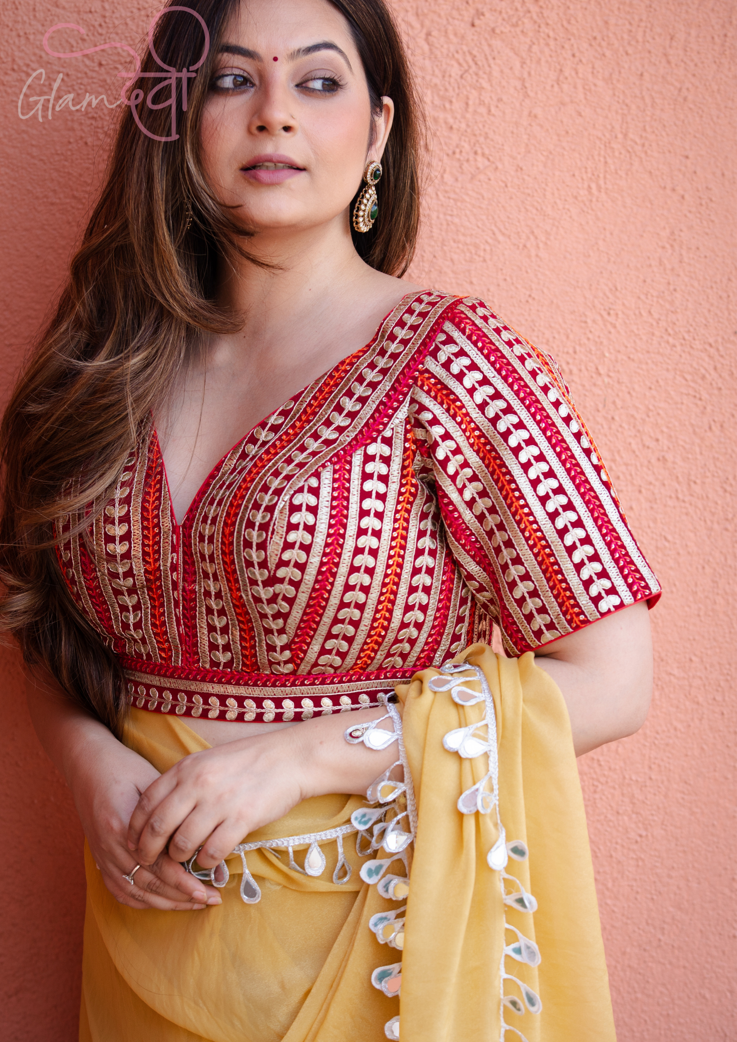 Red Gota Striped Short Sleeve V-Neck Designer Blouse Festive Wear | Glam Devi