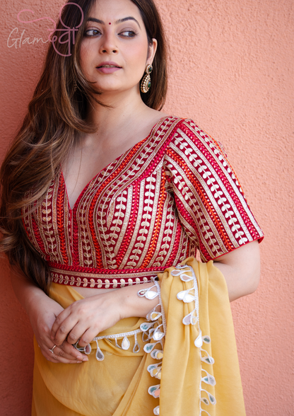 Red Gota Striped Short Sleeve V-Neck Designer Blouse Festive Wear | Glam Devi
