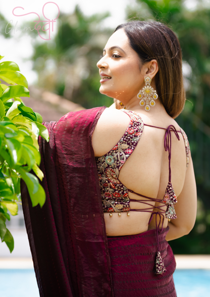 Designer Wine Blouse with Multi-Color Embroidery – Sleeveless Ethnic Wear