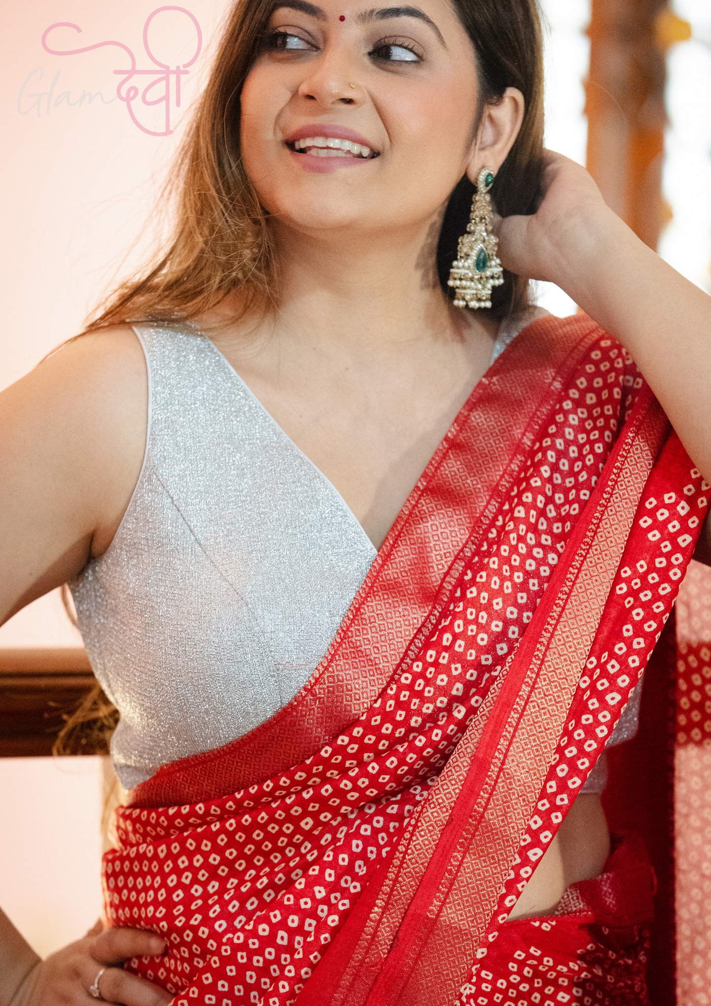 Silver Sleeveless Silk Blouse for Women – V Neck Festive Wear | Glam Devi