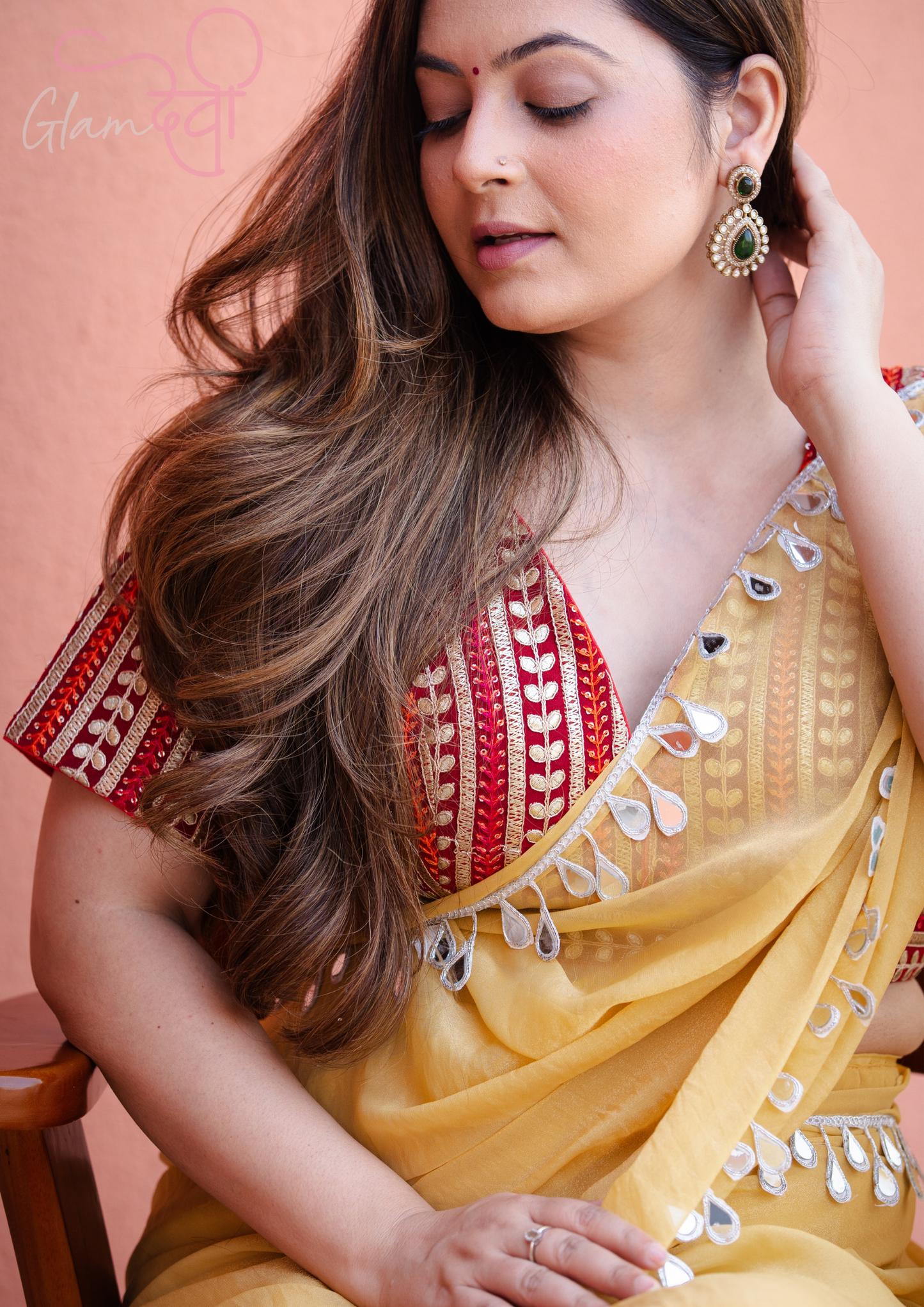 Red Gota Striped Short Sleeve V-Neck Designer Blouse Festive Wear | Glam Devi
