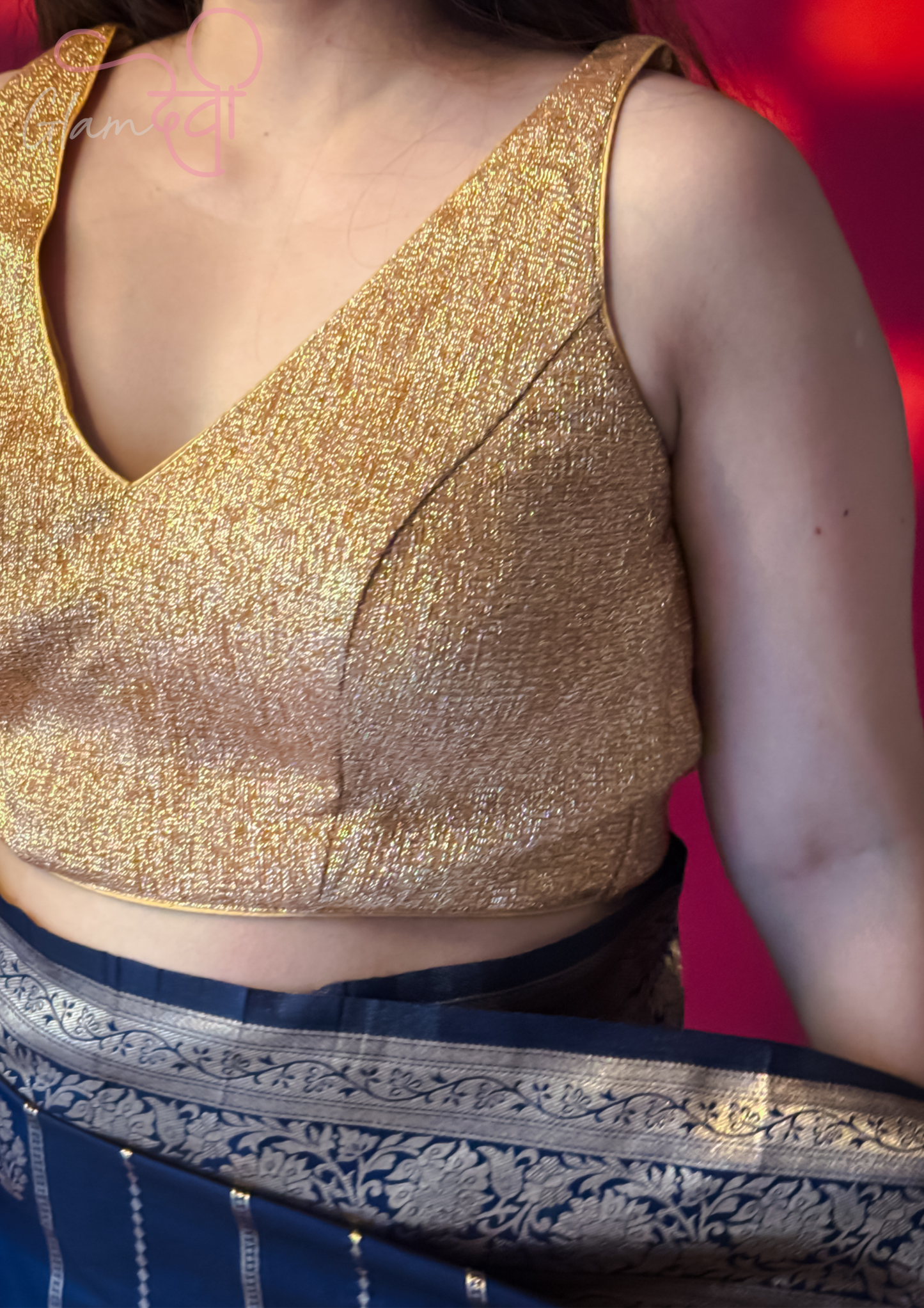 Gold Sleeveless Silk Blouse for Women – Deep V-Neck Back Tie Design | Glam Devi