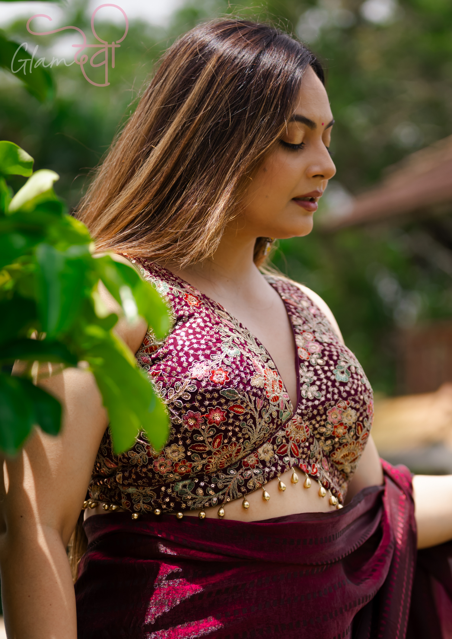 Designer Wine Blouse with Multi-Color Embroidery – Sleeveless Ethnic Wear