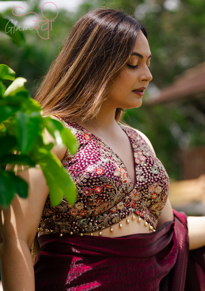 Designer Wine Blouse with Multi-Color Embroidery – Sleeveless Ethnic Wear