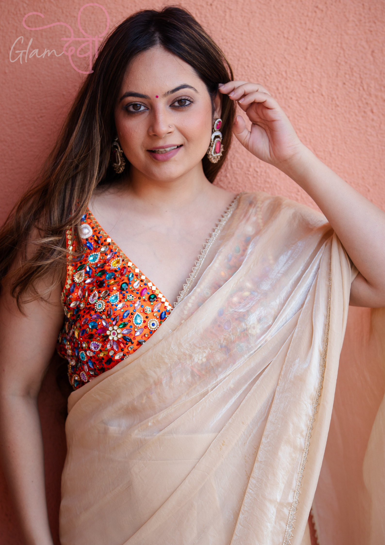 Orange Multi-Colour Stone Work Sleeveless Silk Blouse & Dori Tie-Up – Party Wear | Glam Devi