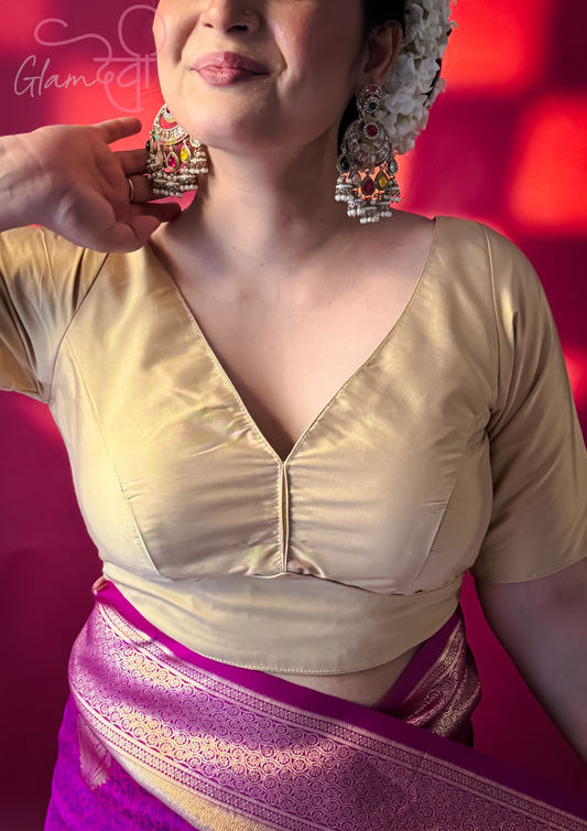 Golden Beige Silk Half Sleeve Blouse for Women – V-Neck with Back Dori | Glam Devi