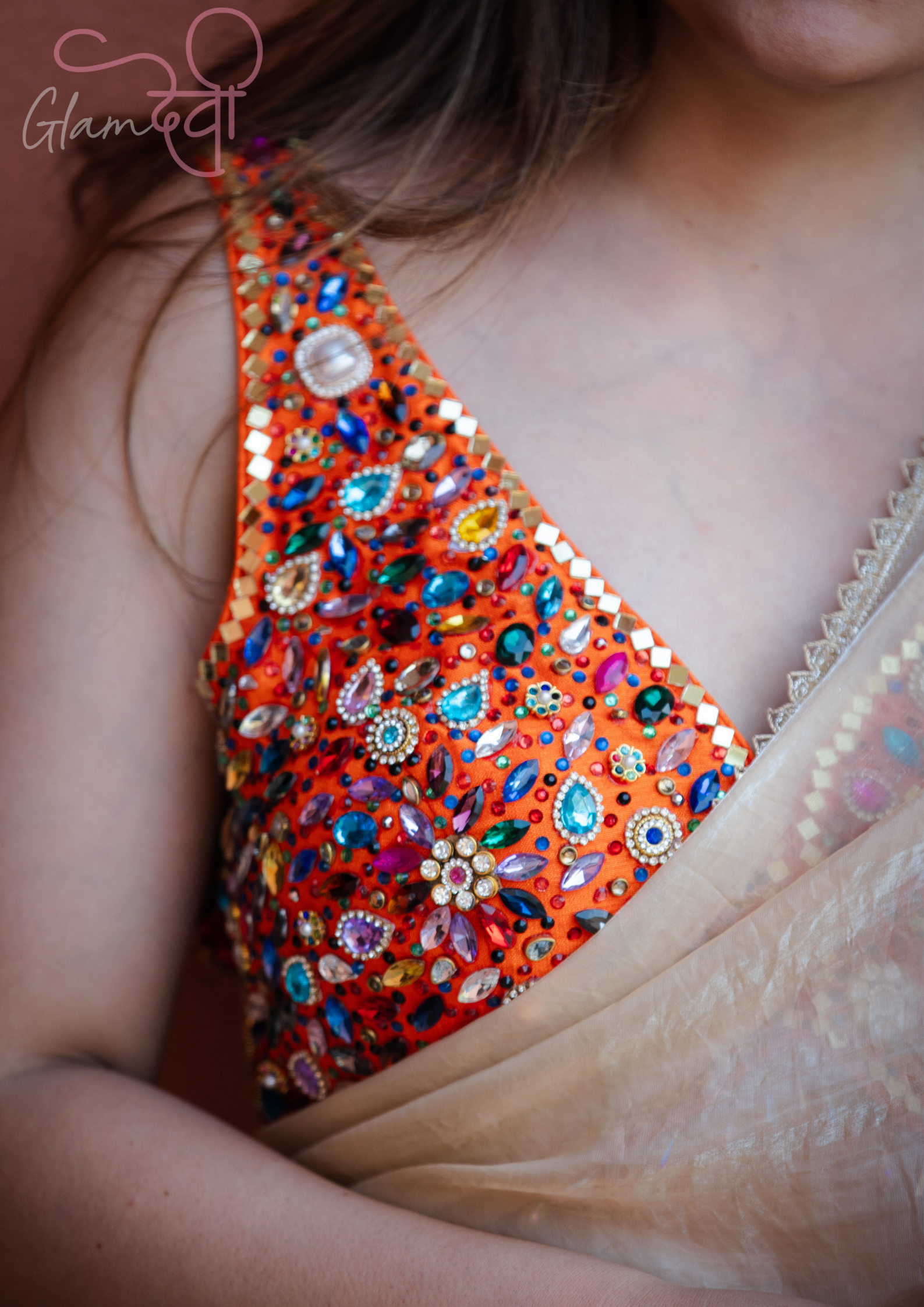 Orange Multi-Colour Stone Work Sleeveless Silk Blouse & Dori Tie-Up – Party Wear | Glam Devi