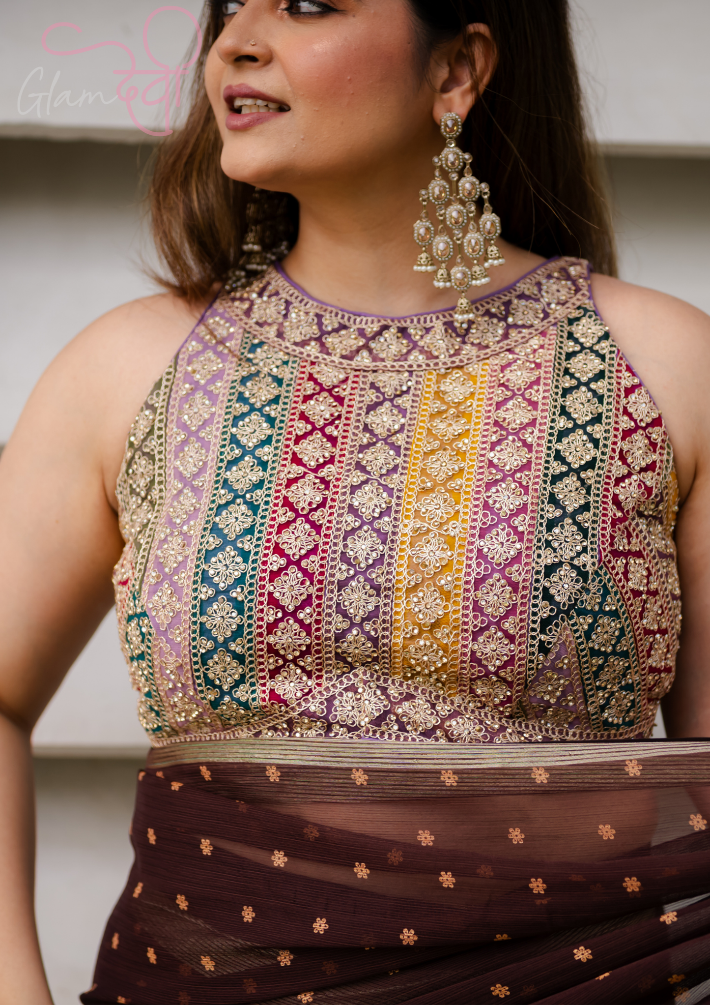 Halterneck Multi-Color Embroidered Blouse for Women | Glam Devi